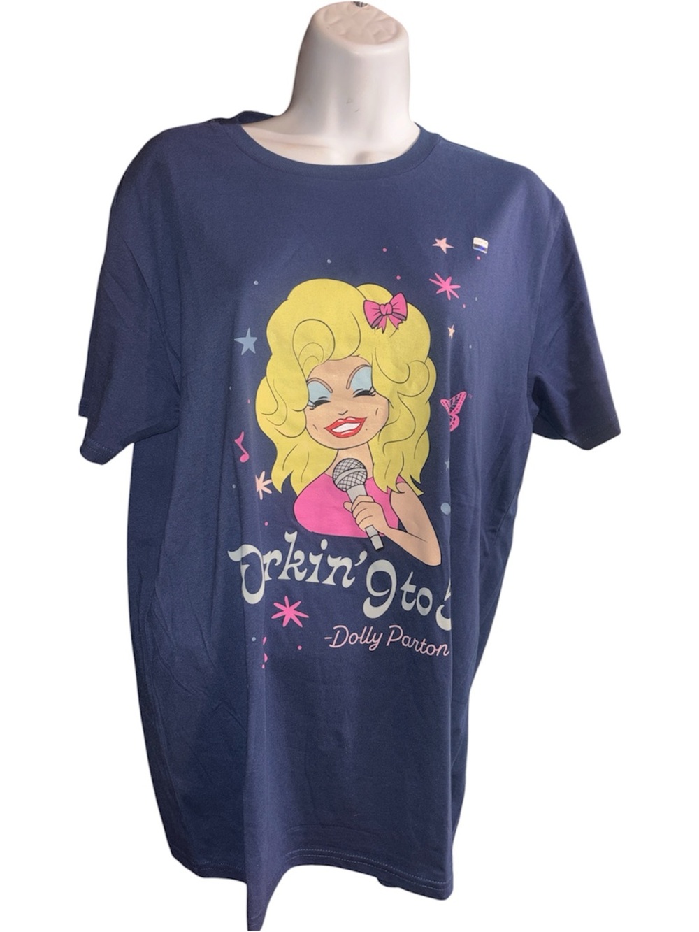Dollcake Navy Blue Dolly Parton Cartoon Tee with Yellow & Pink Graphic